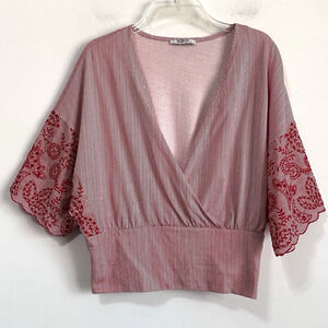 Zara Top M Surplice Crop Smocked Red Stripe Embroidered Half Sleeve Popover Boho
